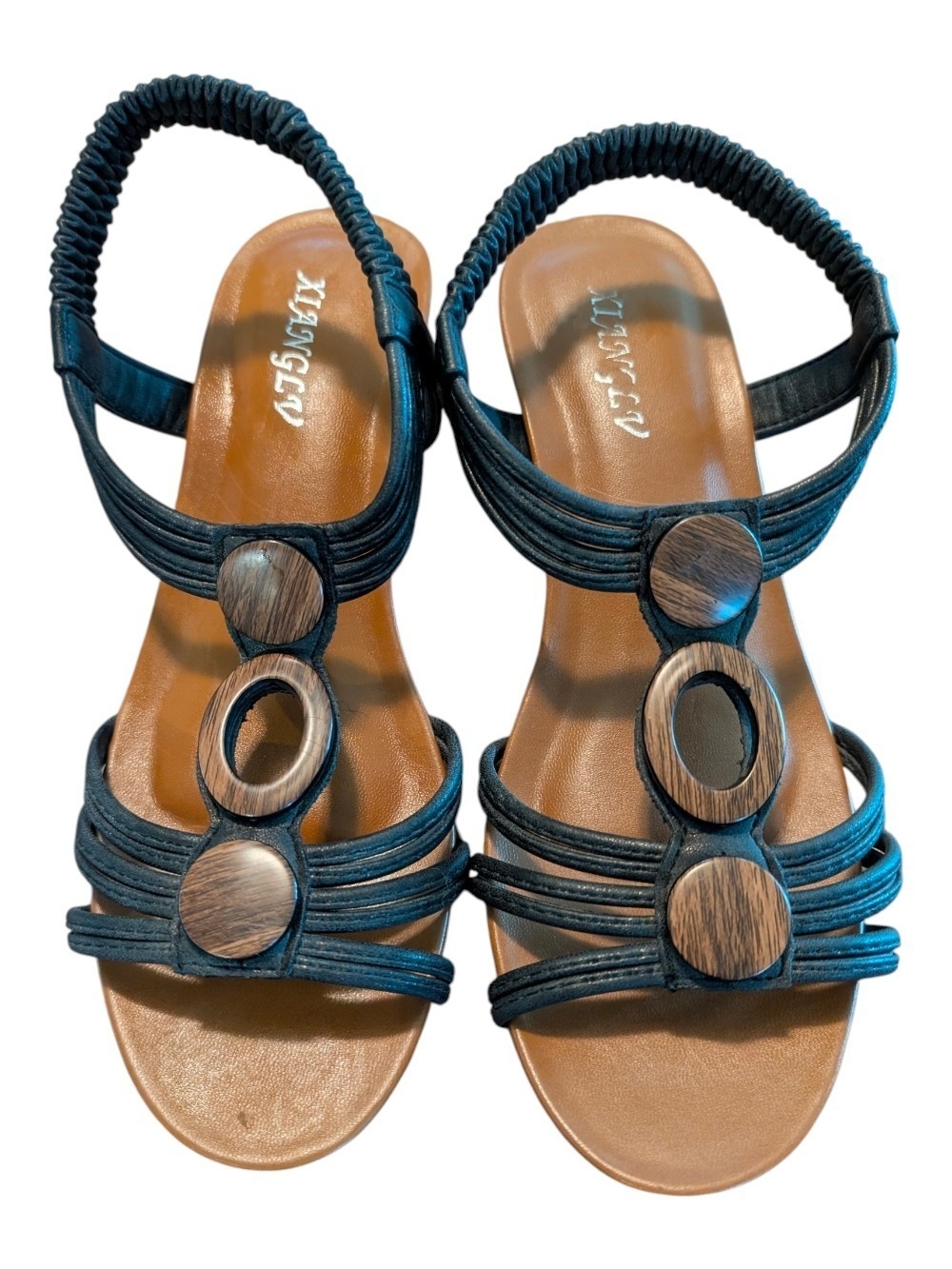Black Strappy Wood-Accent Women's Sandals
